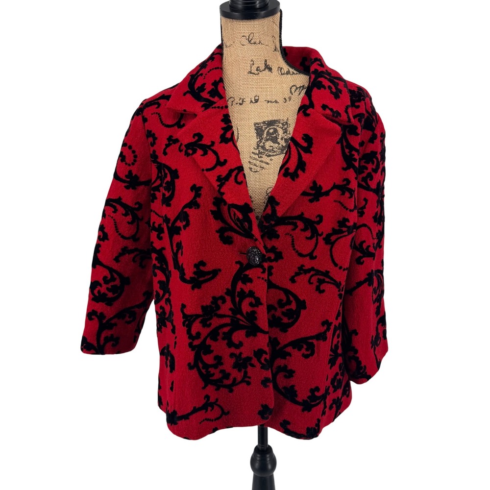 Coldwater Creek Red Black Scroll Print‎ Wool Blazer Jacket 1X Velvet Brocade